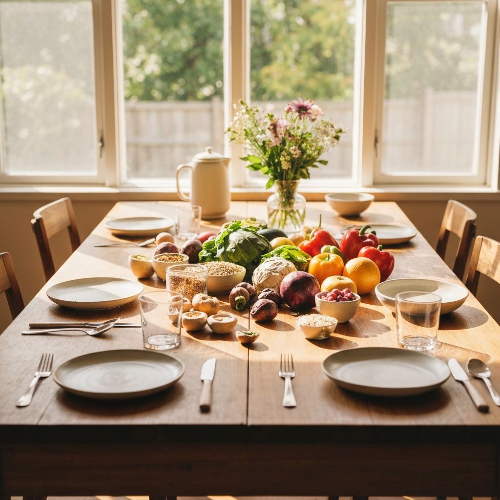 Mesa preparada con alimentos frescos en ambiente tranquilo